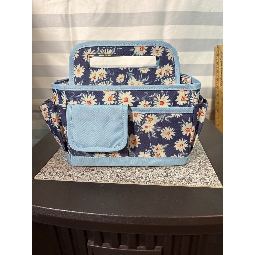 Floral Daisy Print Utility Caddy Navy Blue Craft Organizer Tote Bag with Handle